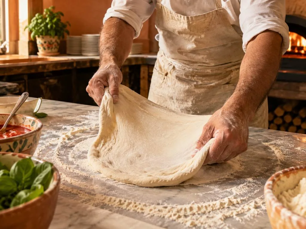 Un pizzaiolo napoletano davanti alla bocca del forno a legna