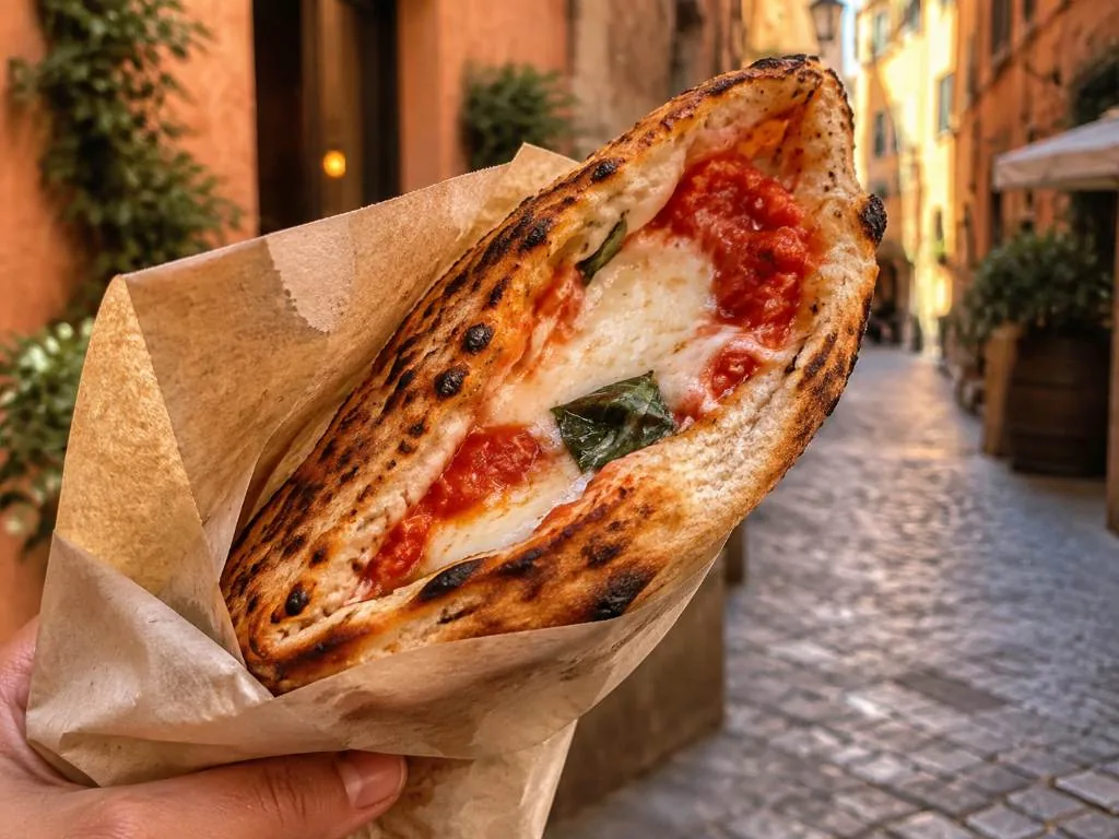 La pizza a portafoglio, piegata in quattro per mangiarla camminando