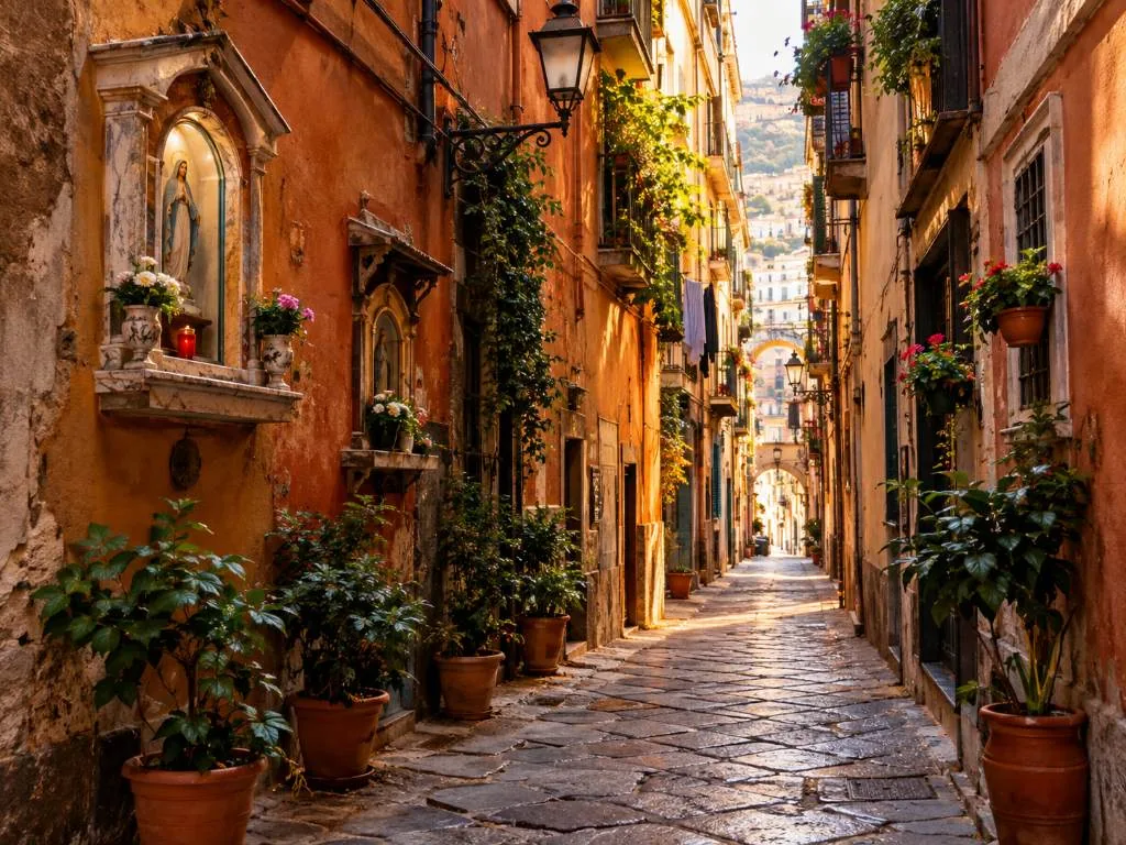 Un vicolo stretto del centro storico con i motorini parcheggiati